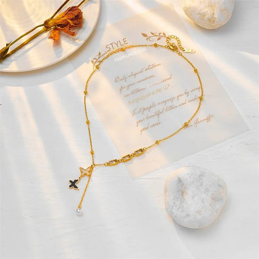 Black White Butterfly Pearl Hanging Necklace