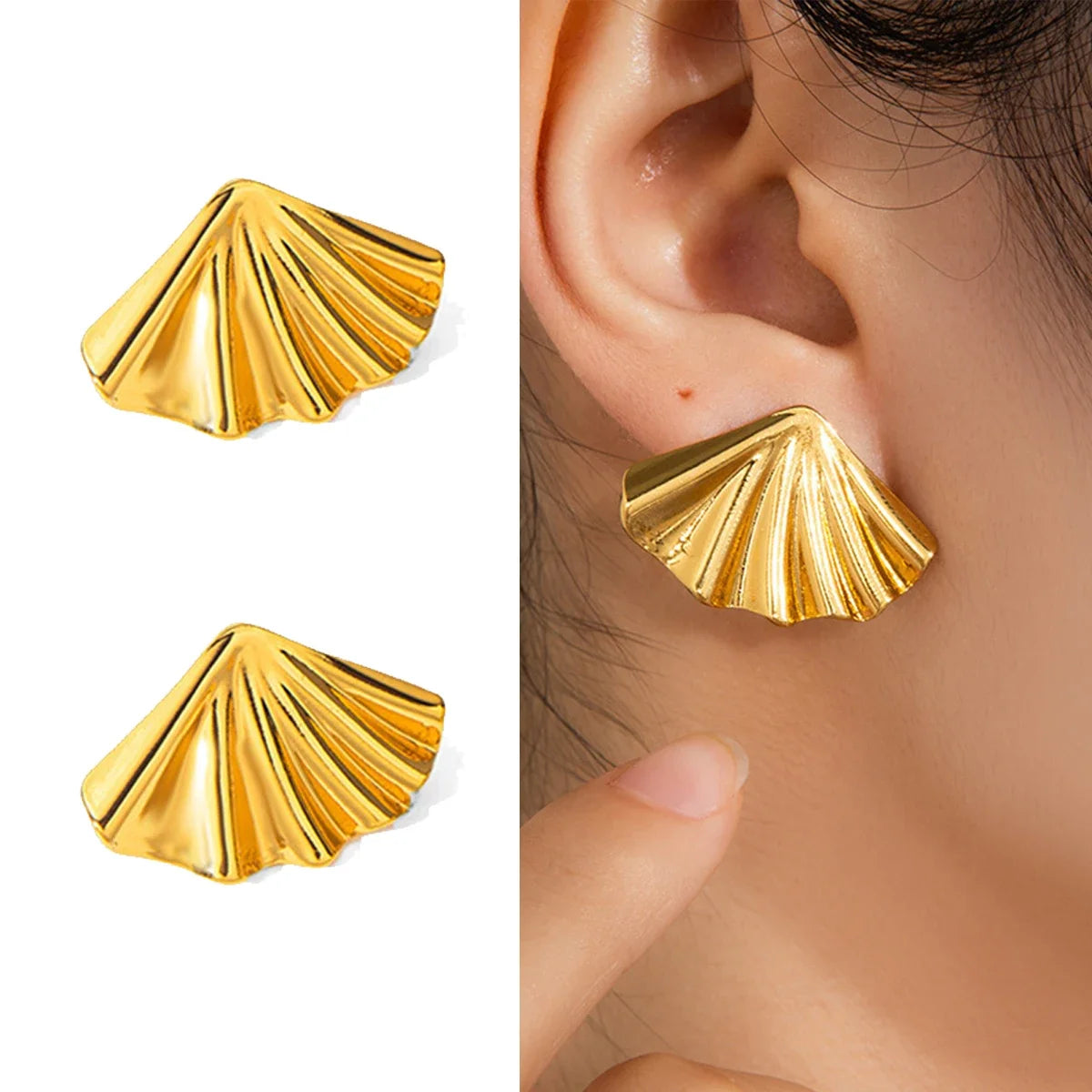 Golden Seashell Fan Statement Earrings