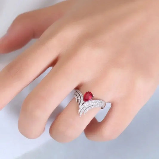 Crimson Angel Wing Teardrop Ring
