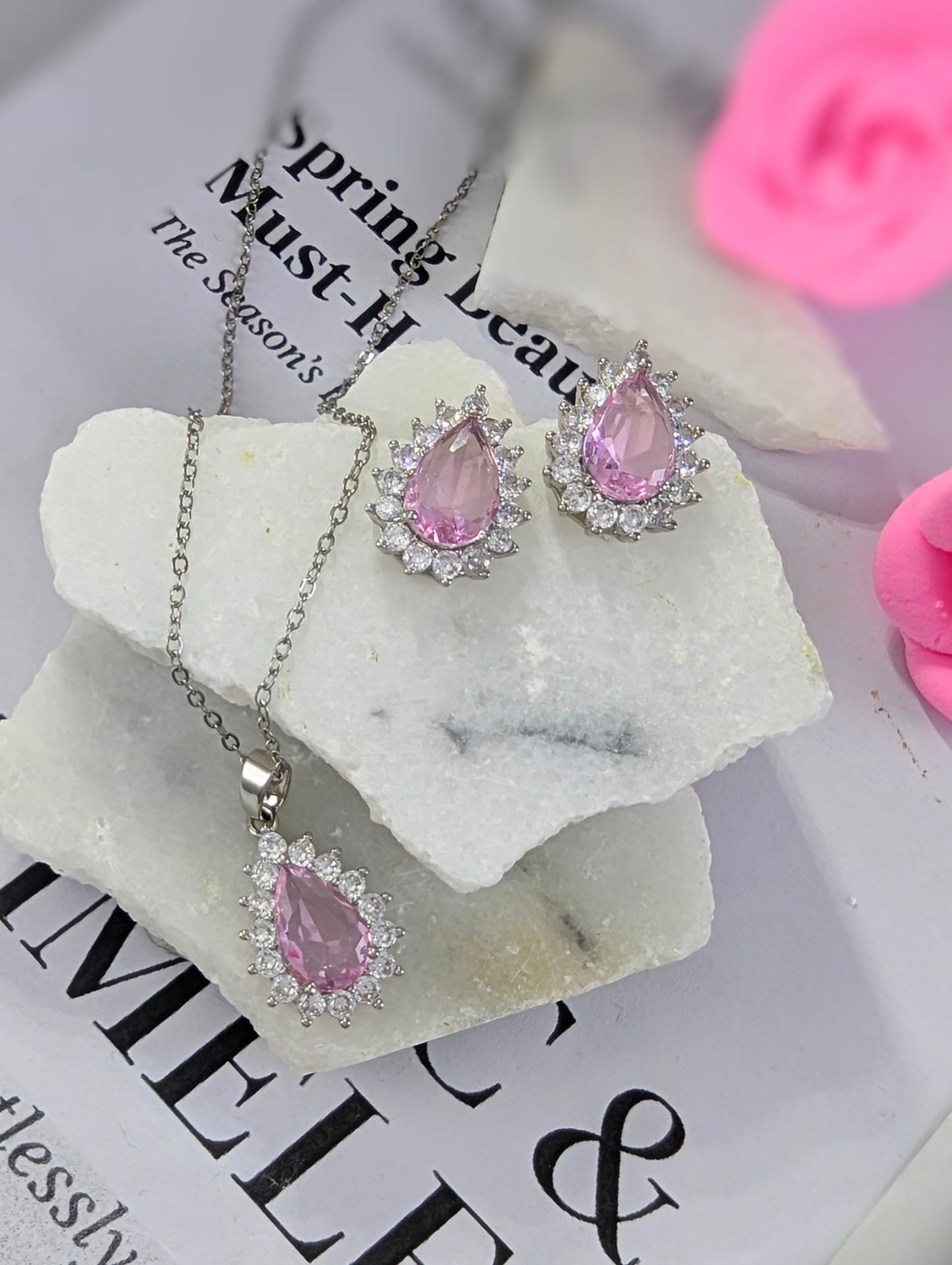 Crystal Teardrop Locket Set - Pink