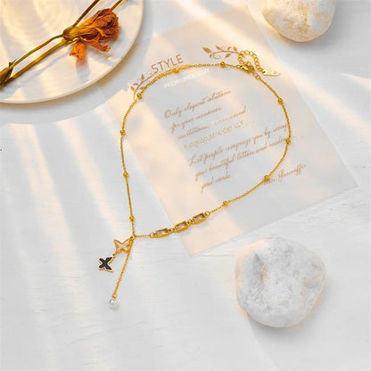Black White Butterfly Pearl Hanging Necklace