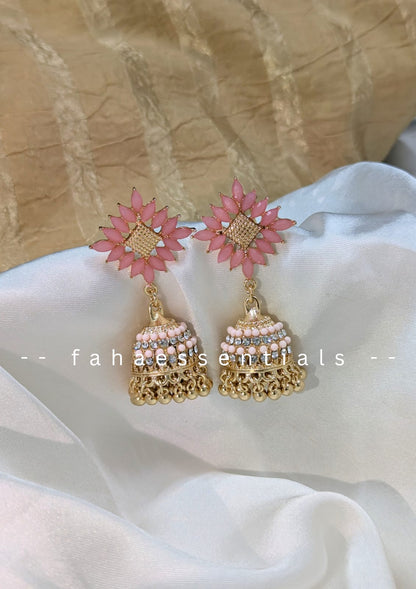 Stone Jhumkis - Pink