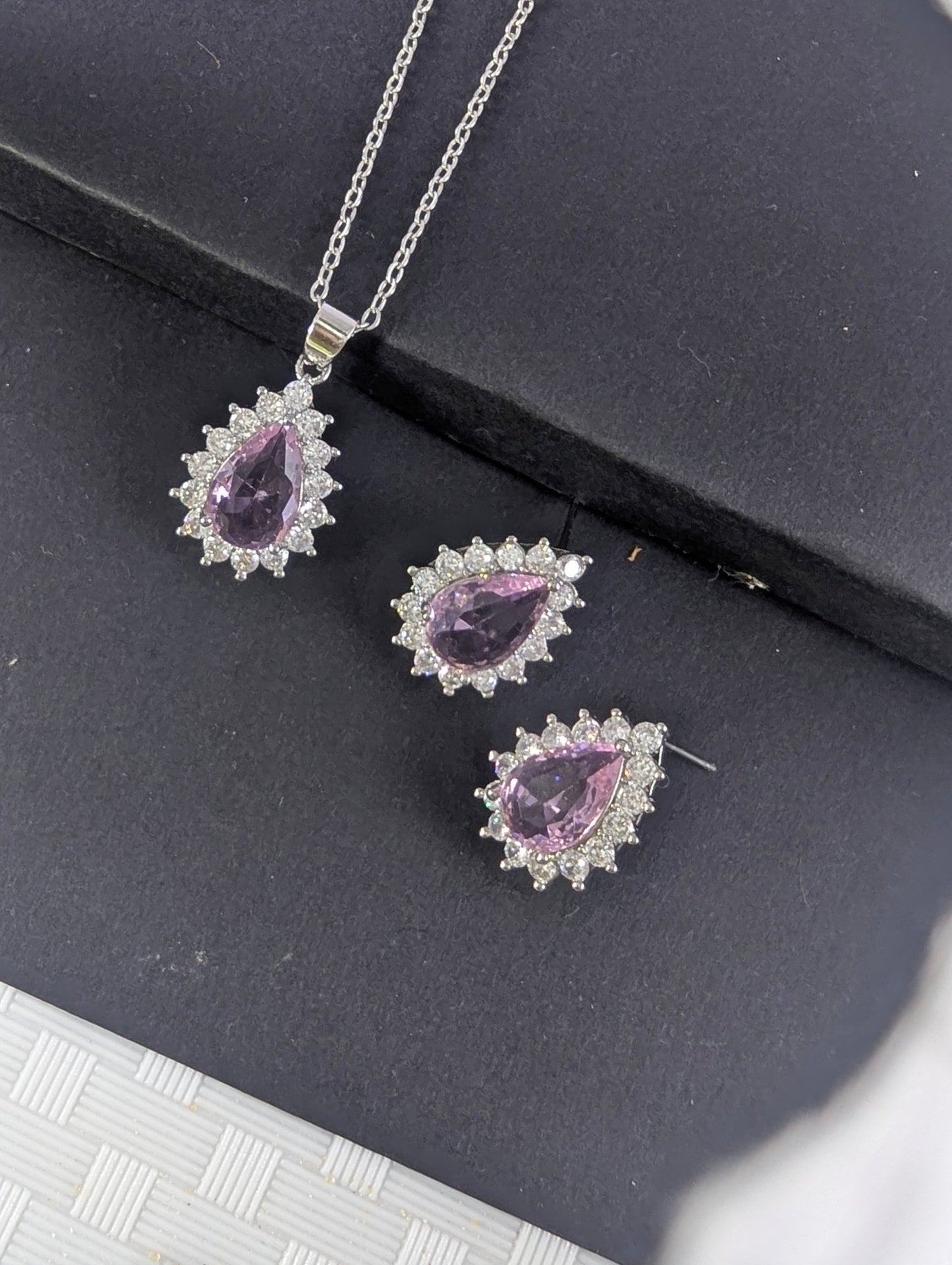 Crystal Teardrop Locket Set - Pink