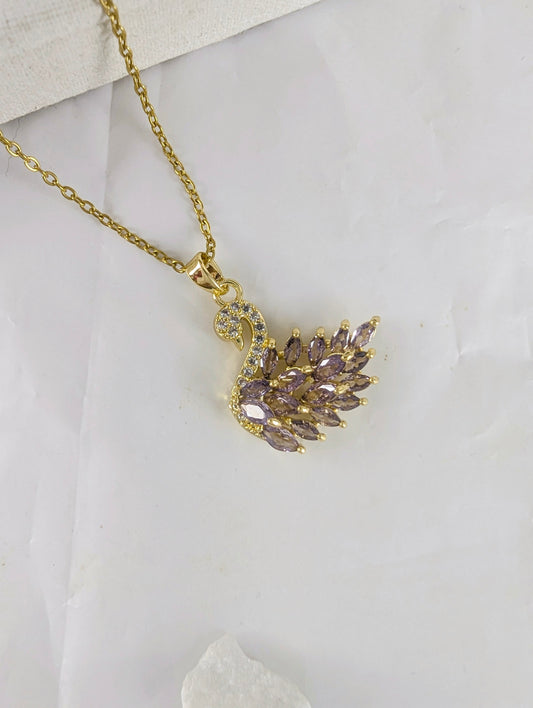 Crystal Swan Necklace - Purple
