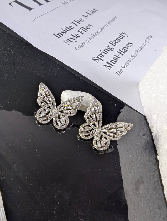 Silver Zircon Butterfly Stud Earrings