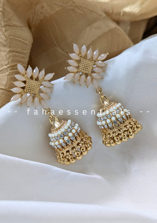 Stone Jhumkis - Beige
