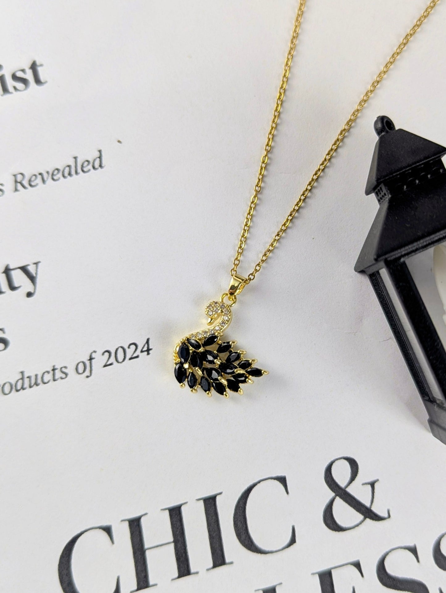 Crystal Swan Necklace - Black