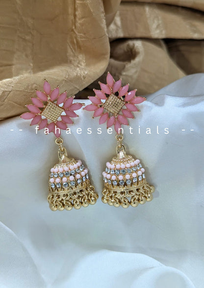 Stone Jhumkis - Pink
