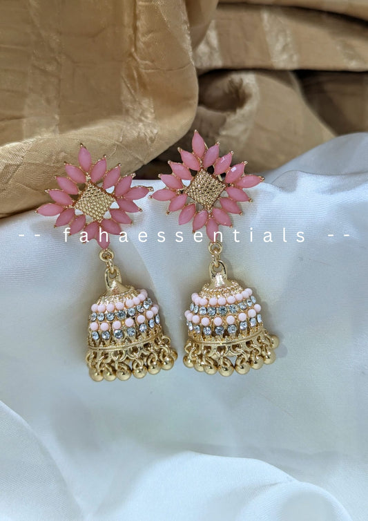 Stone Jhumkis - Pink